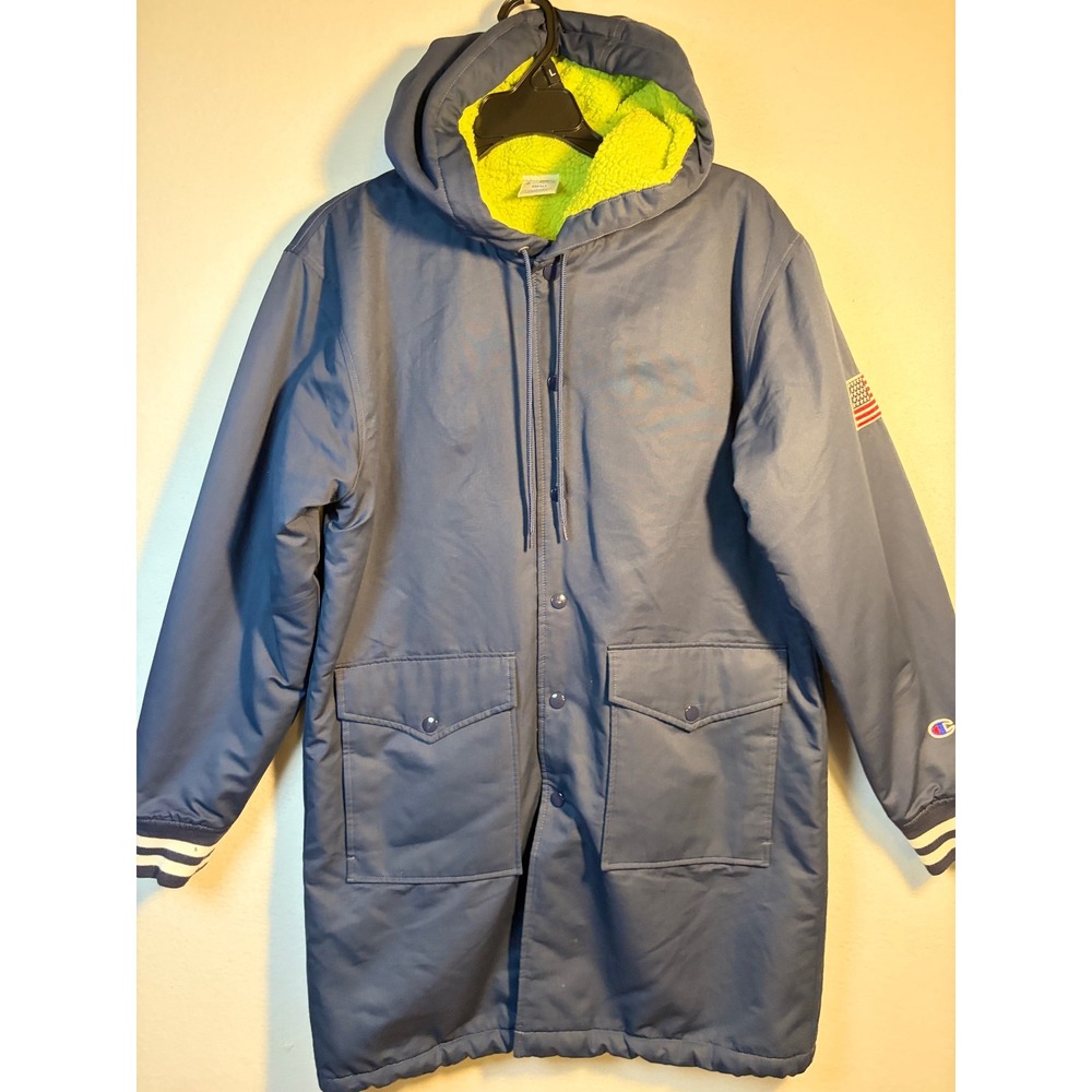Champion Hooded Stadium Jacket Women Small Navy Sherpa Lined Parka Excellent